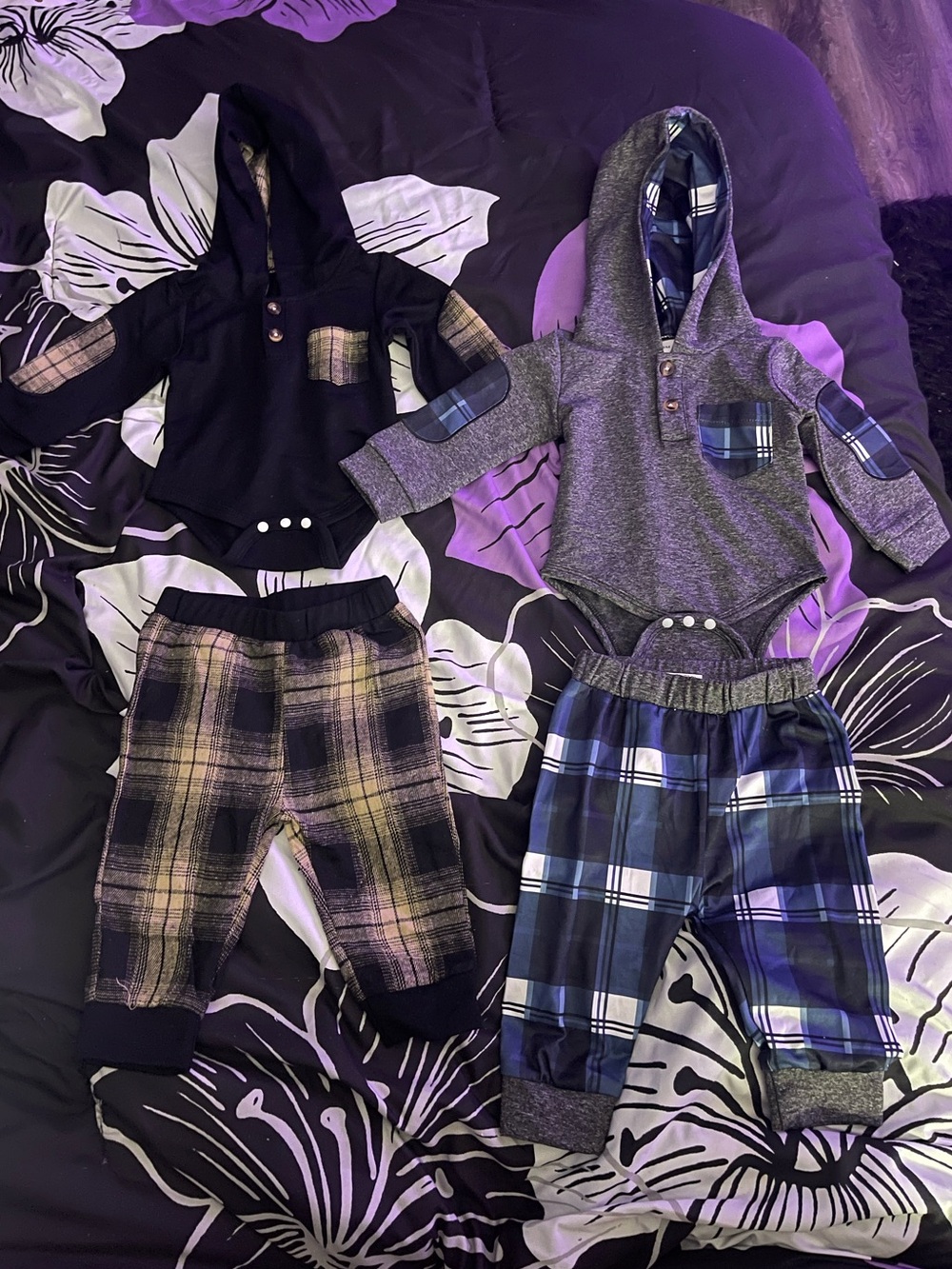 Blue and Black Combo Plaid Hoodie Bodysuits with Plaid Pants Sets, 0-3 months